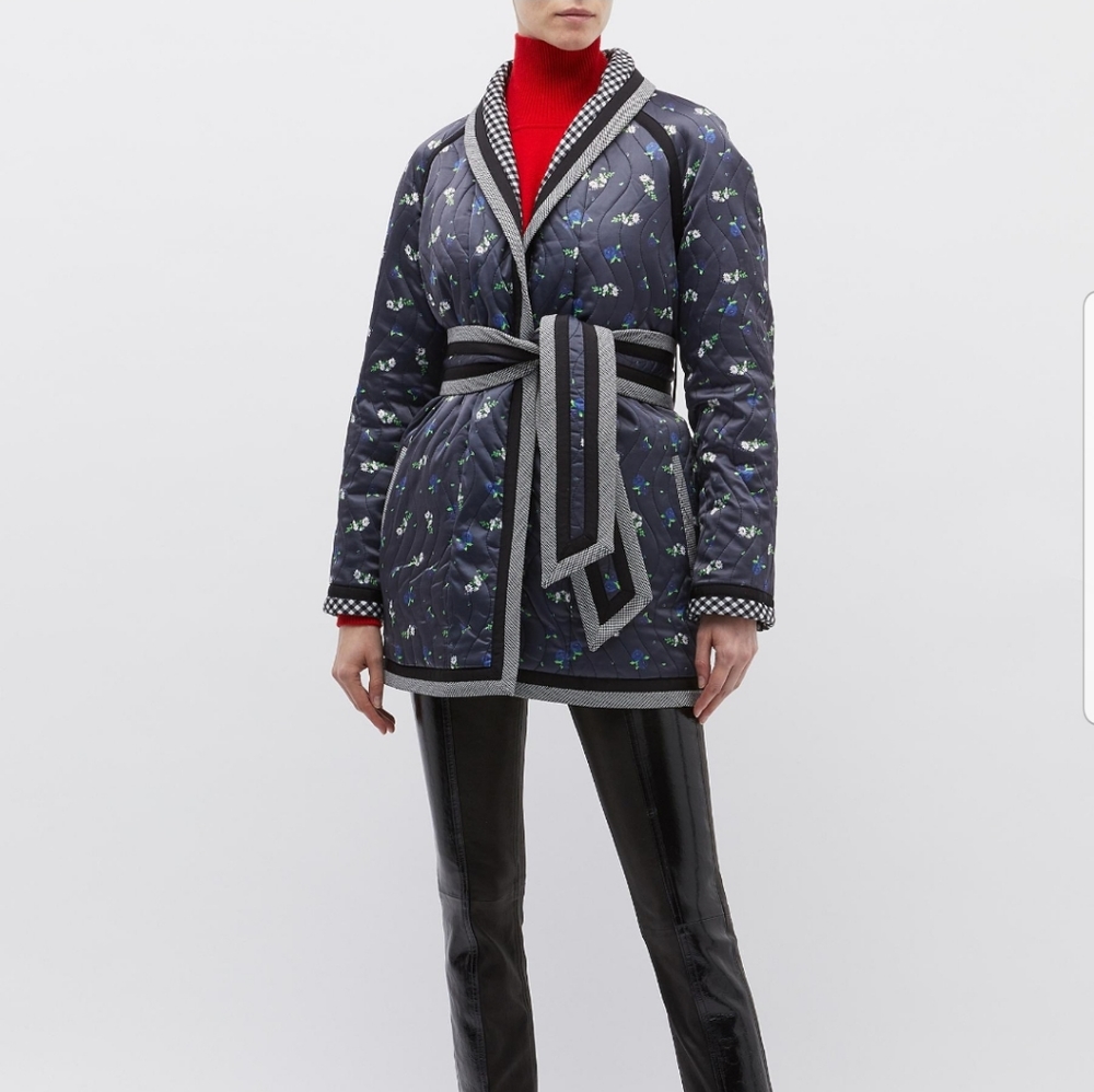 Opening Ceremony Navy Quilted Floral Wrap Jacket with Red Turtleneck Accent